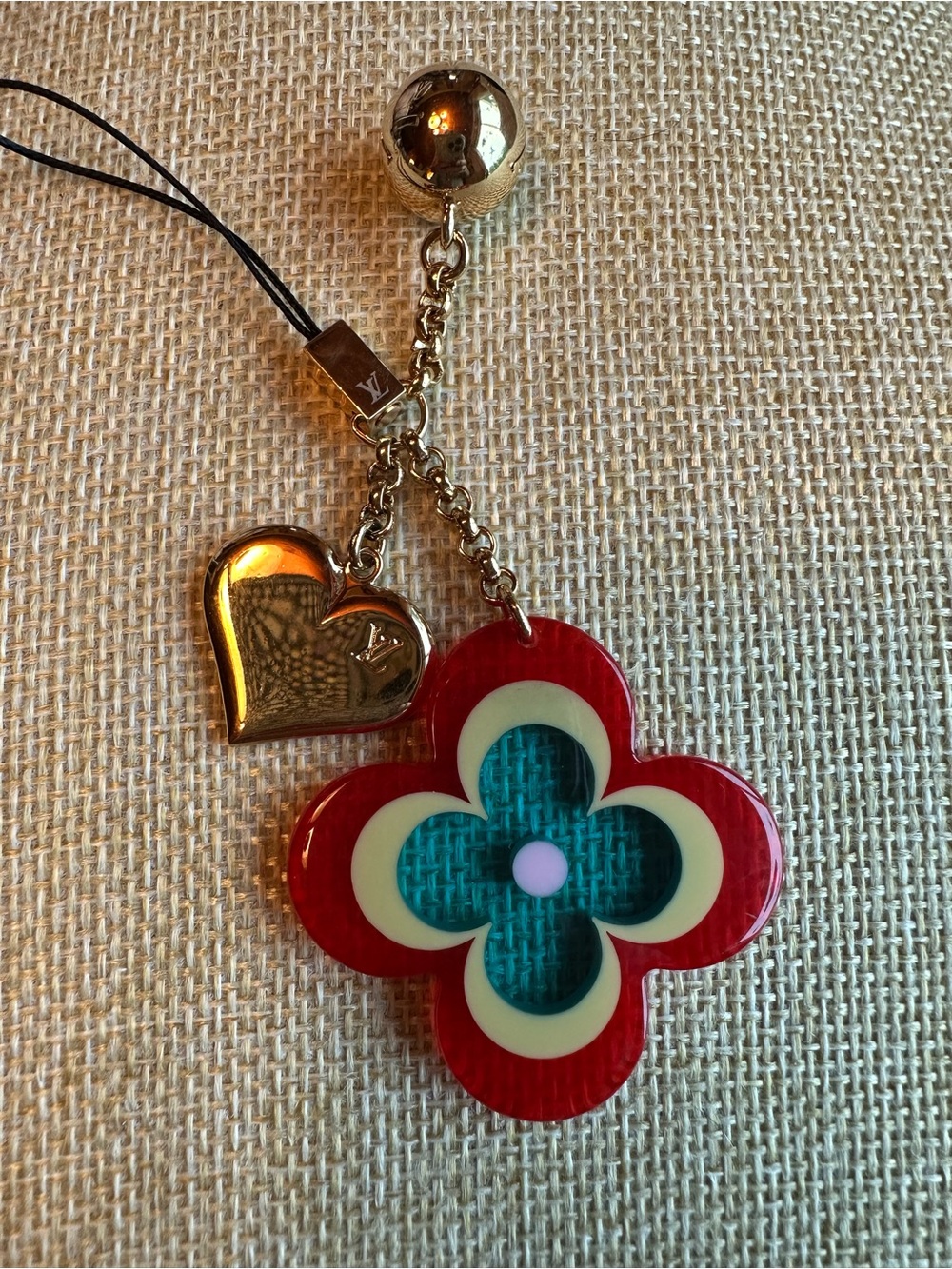 Louis Vuitton Red Flower Charm with Gold Heart and Teal Center